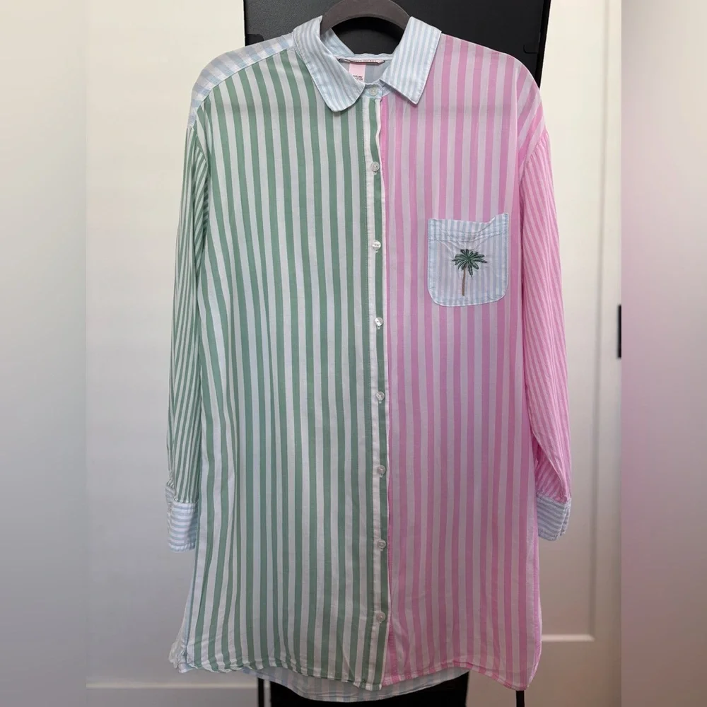 Victoria Secret cotton Pajama Shirt Colorful Stripes Button Down Cotton Dress - Picture 7 of 10
